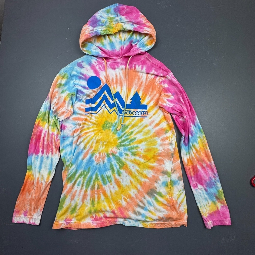 MV Sport Mens Size XS Multicolor Tie Dye Hoodie Colorado Mountain Graphic Cotton
